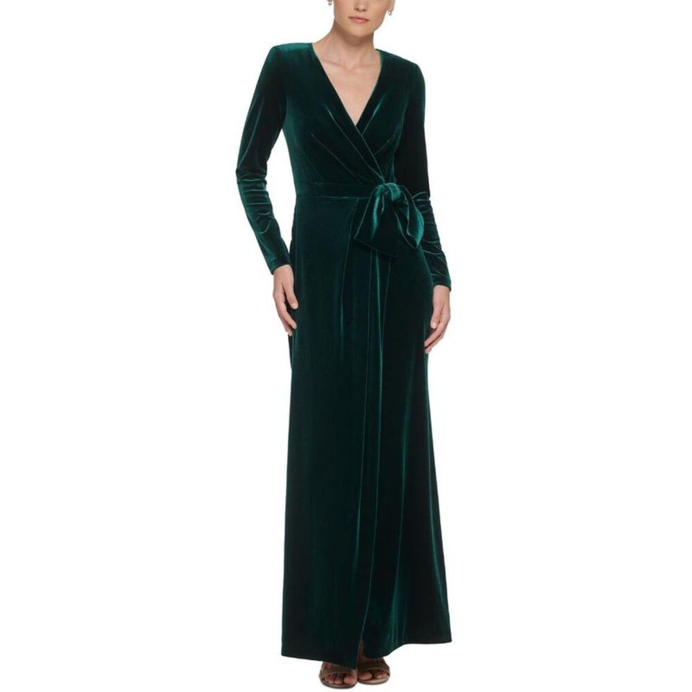 Eliza J Womens Green Velvet Faux Wrap Formal Evening Dress Gown NWT